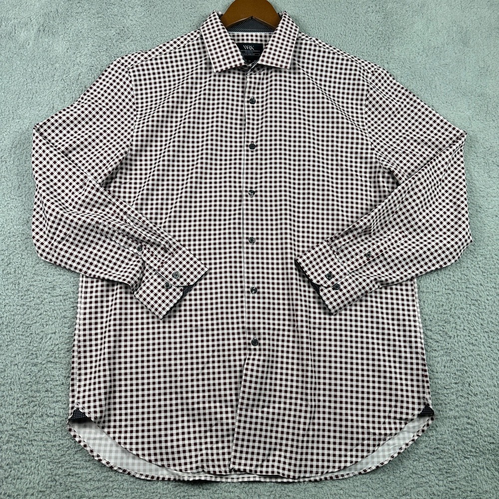 WRK 4-Way Stretch Gingham Dress Shirt Mens 18 (2XL) Burgundy Long Sleeve Button